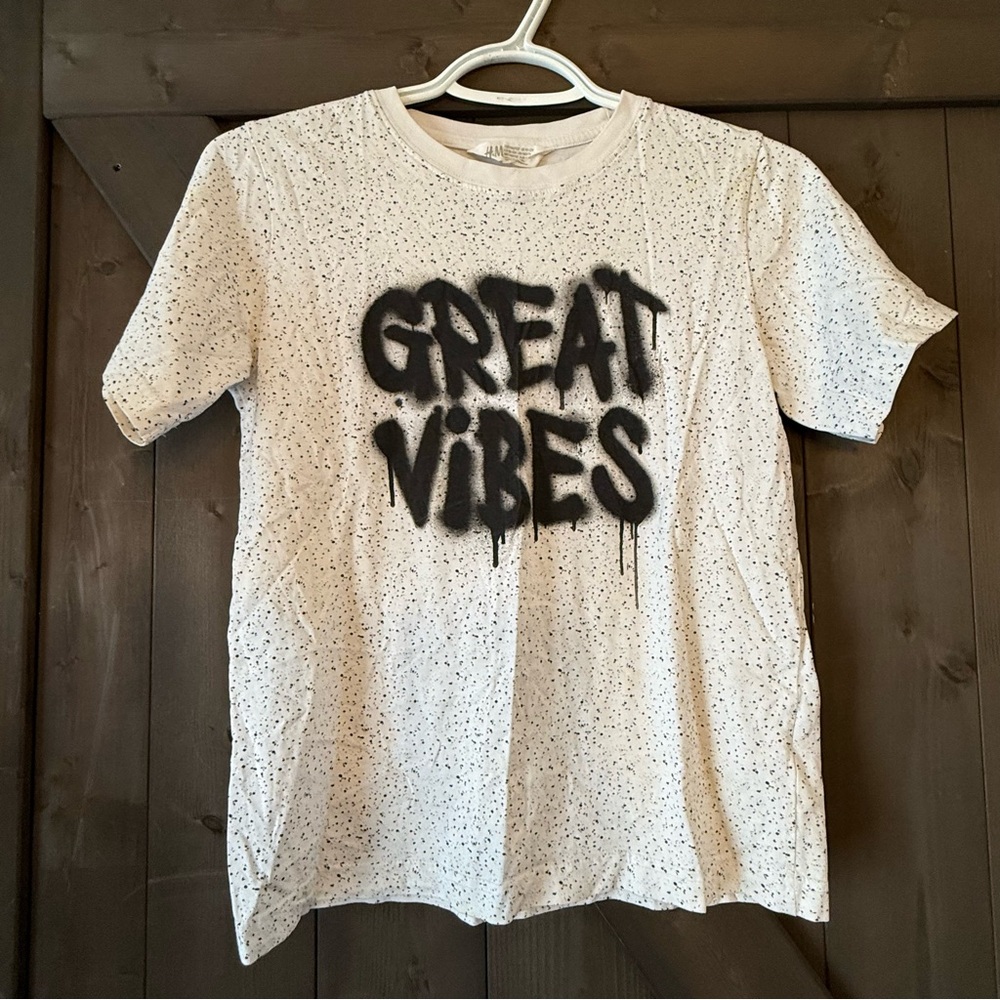 H&M White Speckled Tee with Black 'Great Vibes' Print 10-12Y